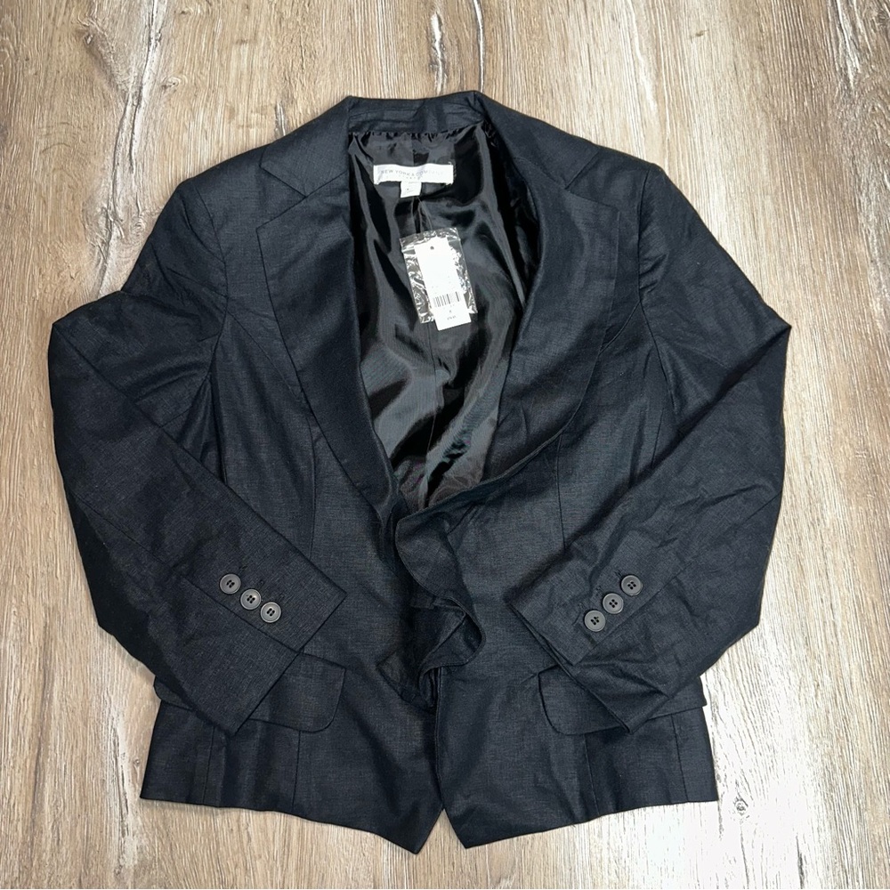 New York Company Stretch Women's SM Linen Blend Lined Blazer Ruffle Front Black